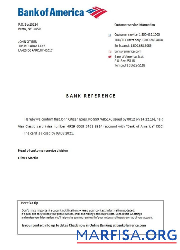 Blank USA Bank of America closure reference download for verification